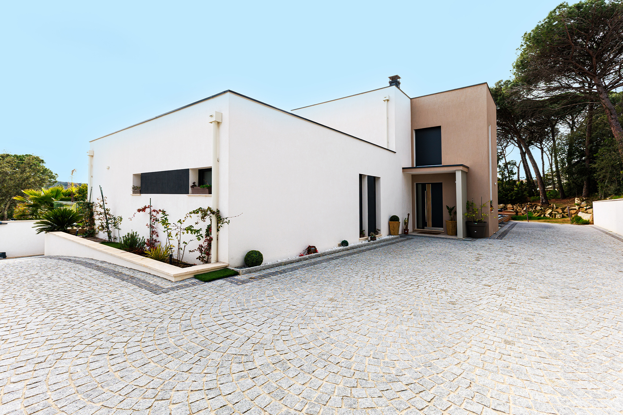Contemporary villa façade with clean lines and minimalist architecture
